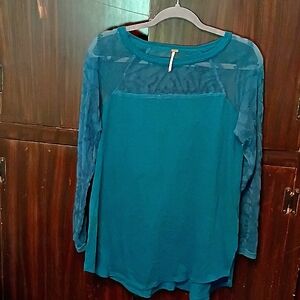 Free People Teal Lace Long Sleeve Top Size S 100% Cotton Beautiful